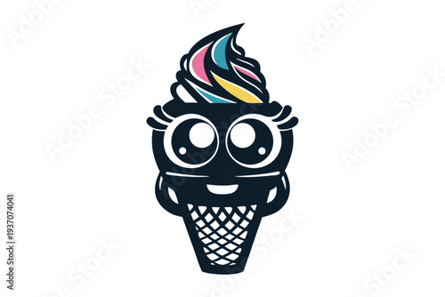 Smiling ice cream cone with colorful topping and large eyes looks adorable