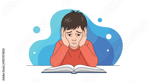 Boy student feeling overwhelmed and struggling while studying a large book, illustrating academic stress and learning difficulties for kids.