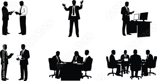Business people silhouettes collection, office meeting discussion and presentation poses set, corporate teamwork and professional communication concept vector isolated on white background