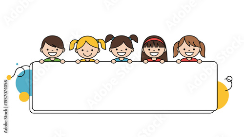 Group of five diverse and happy children peeking over a large horizontal frame, ideal for customized messages or classroom decorations.
