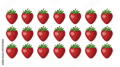 Large grid of many fresh red strawberries with green leaves, suitable for themes related to agriculture, healthy eating, and fresh fruit.