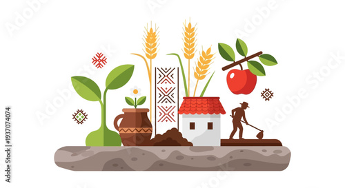 Traditional Farming and Harvest Abundance Vector Illustration. Rural Home, Wheat Crop, and Folk Ornamentation Concept.