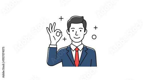 Professional businessman in a suit making an okay sign gesture with sparkles, representing success, quality, and complete satisfaction.
