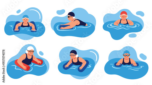 Group of active seniors exercising in a swimming pool with various equipment like kickboards and pool noodles for their physical fitness.