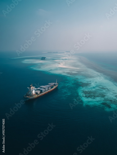 aerial view of a lone cargo ship in the center of a vast, calm turquoise ocean. The water is crystal clear, showing subtle variations in depth and light. The ship is loaded with grey and white 