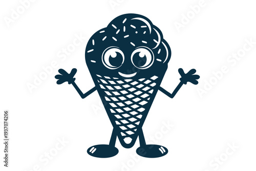Cute, cartoon ice cream cone character joyfully waving its small, gloved hands