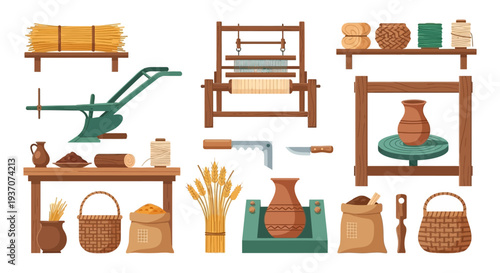 Ancient Traditional Crafts Set: Flat vector icons of farming tools (plow, wheat), weaving loom, and handmade pottery supplies.