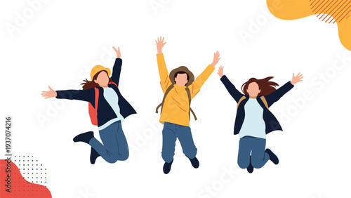 Three happy young hikers jumping in the air against a white background with colorful abstract shapes, celebrating their outdoor adventure.