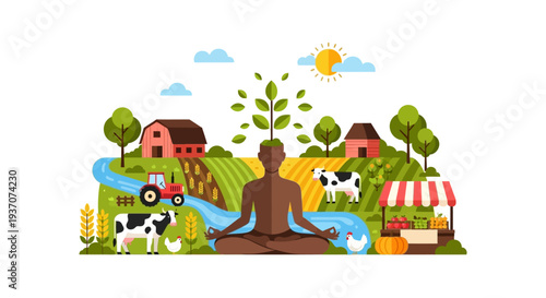 Organic Farming, Mindfulness, and Sustainable Life Illustration. Person Meditating with Plant Head surrounded by Farm, Tractor, and Animals.