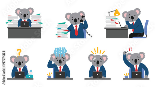 Set of koala businessman characters in different work situations like being busy, stressed, confused, and achieving great business success.