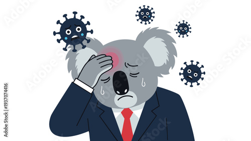 Ill koala wearing a formal business suit suffering from a high fever and headache while surrounded by dark virus particles and bacteria.