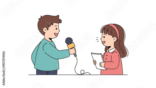 Young boy holding a microphone and conducting an interview with a girl holding a script or book against a plain white background.