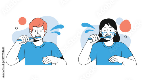 Young man and woman performing their daily morning routine by brushing their teeth with blue toothbrushes and white toothpaste foam.