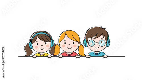 Three happy children of different genders and hair colors wearing blue headphones and peeking over a horizontal line with smiling faces.