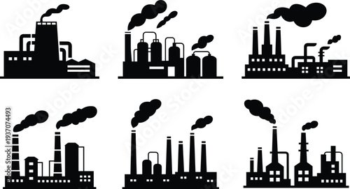 Six black and white industrial factory buildings with smoke emissions depicted in a minimalist line style