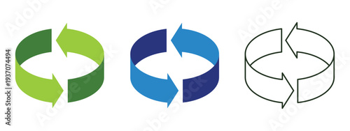 Illustration of recycling symbols with arrows in green blue and black on white background