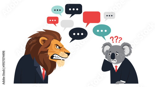 Angry lion in a business suit shouting and yelling at a frightened and confused koala also wearing a suit with multiple speech bubbles.