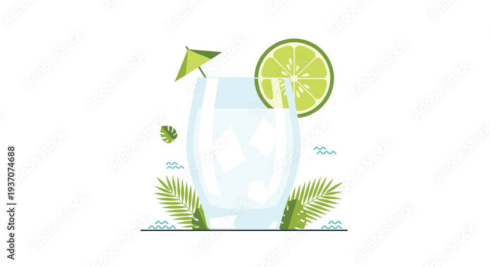 Obraz premium A minimalist illustration of a refreshing glass drink with lime and palm leaves.