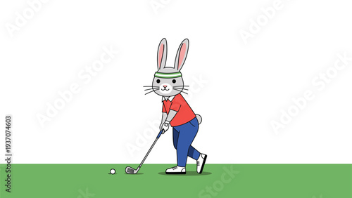Athletic gray rabbit wearing a red polo shirt and blue pants swinging a golf club to hit a white ball on a green course.