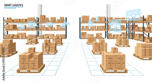 An isometric digital illustration of a smart logistics warehouse with boxes and data.