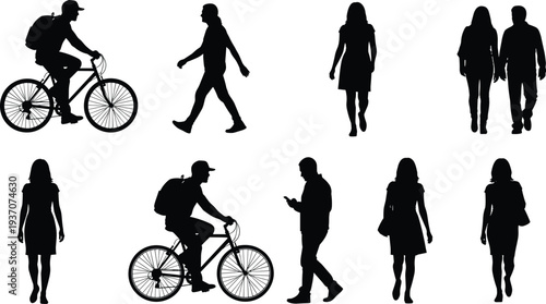 Collection of black silhouettes of people walking, cycling on bikes, and using smartphones isolated on white background, urban lifestyle vector set for city design.