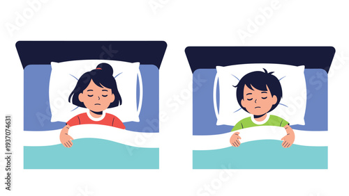 Young boy and girl sleeping peacefully in their own beds with blue blankets and white pillows seen from a top-down view.