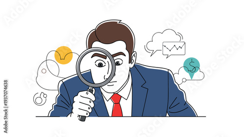 Professional businessman examining data through a magnifying glass with financial and analysis icons in the background.
