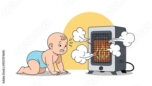 Toddler crawling near a hot electric space heater in a dangerous household situation highlighting child safety risks at home.
