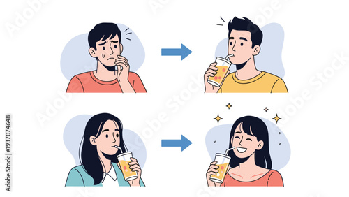 Before and after scenes of a man and a woman feeling refreshed and happy after drinking a healthy orange beverage from a glass.