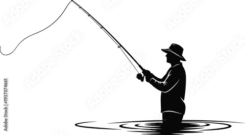 Black silhouette of a fisherman wearing a hat standing in water and casting a fishing rod on white background.