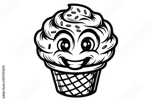 Smiling black and white ice cream cone with cherry and sprinkles brings sweet joy