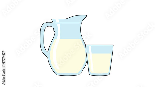 Pitcher and glass filled with fresh white milk isolated on a white background representing healthy dairy products and nutrition.