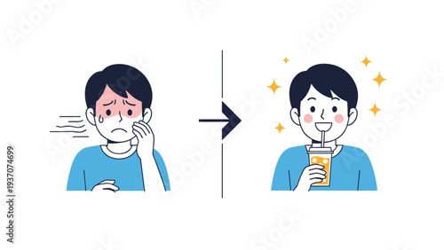 Before and after comparison of a young man feeling hot and then refreshed after drinking a cold iced beverage on a summer day.