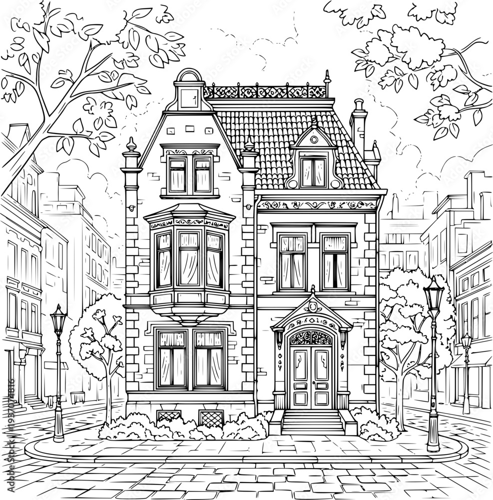 Obraz premium Vintage pencil sketch illustration of an old European city street featuring historic architecture, a cathedral tower, and traditional houses in a classic Paris travel design vector