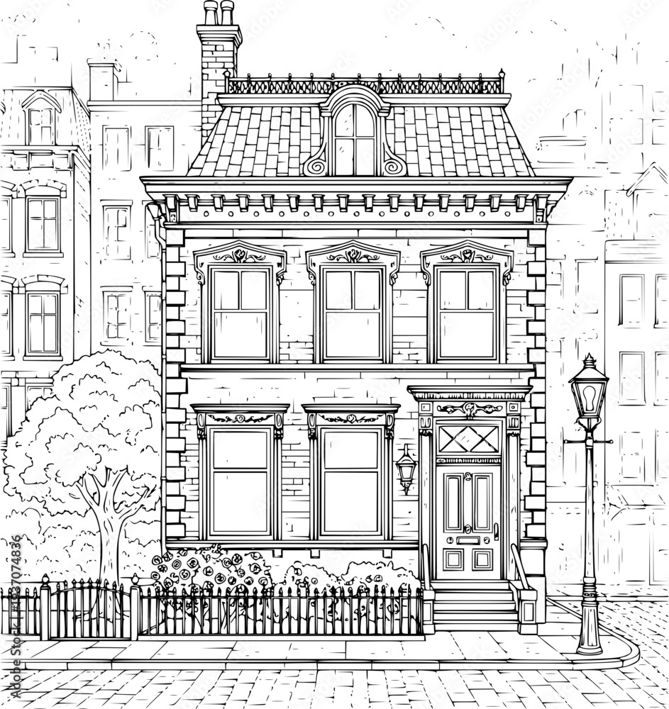 Obraz premium Vintage vector illustration of a travel landmark featuring a hand drawn sketch of the old town of Gdansk Poland with historic European architecture and a cathedral tower