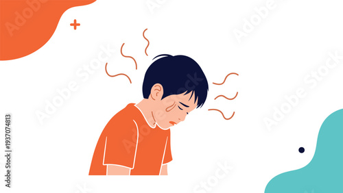Young boy looking distressed and sweating with lines indicating heat or illness against a simple decorative background.