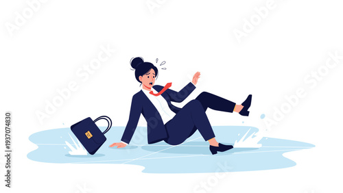 Businesswoman slipping and falling on a wet floor in an office environment representing workplace accidents and safety hazards.