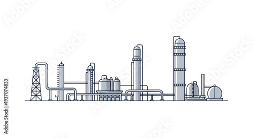 A minimalist line-art illustration of an industrial oil refinery complex.