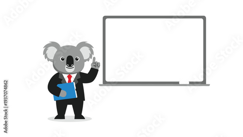 Professional koala character in a suit giving a presentation or lesson using a blank whiteboard in an office setting.