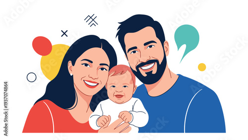 Happy young family portrait featuring a smiling father mother and baby against a decorative abstract background.