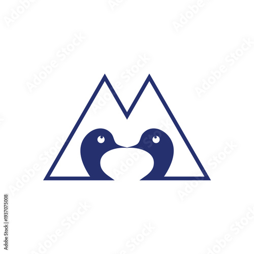 Mountain Penguin Logo With Heart Shape Between Two Birds, Blue Minimalist Emblem