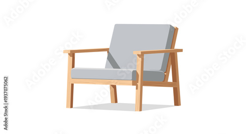 A minimalist illustration of a modern wooden armchair with light grey cushions.