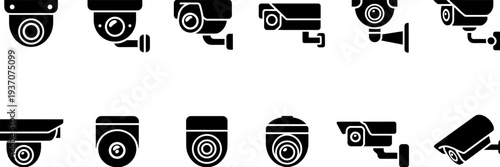CCTV security camera icons collection, surveillance monitoring system symbols set, protection technology vector illustration isolated black silhouette design