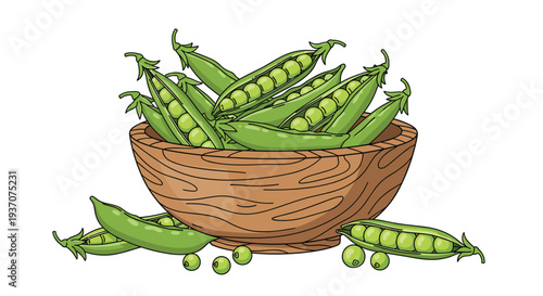 Wooden bowl filled with green pea pods and loose peas arranged.