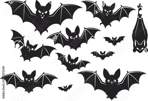 Black bat silhouettes collection, Halloween spooky flying bats vector set, cartoon vampire bat icons with angry faces,