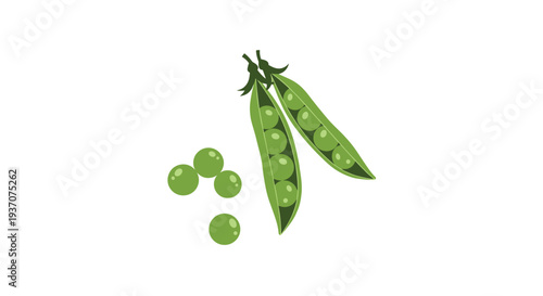 Two green pea pods, one open, and five loose peas scattered.