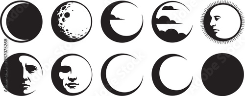 Black and white moon phases with faces and clouds crescent full moon new moon