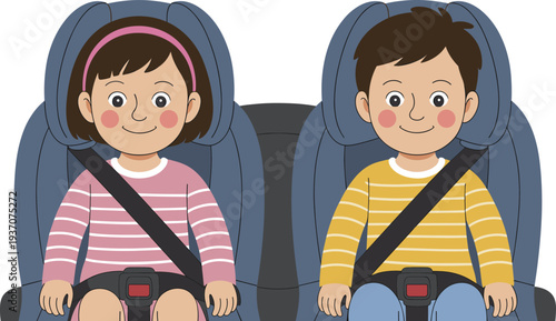 Children sitting in car seats wearing seat belts, kids passenger safety travel concept cartoon vector illustration isolated