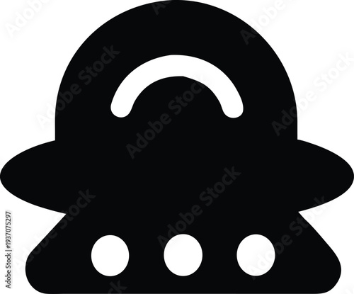 Simple black icon of a flying saucer or UFO with three lights underneath, vector graphic.