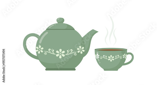 Green teapot and steaming teacup with white floral patterns.